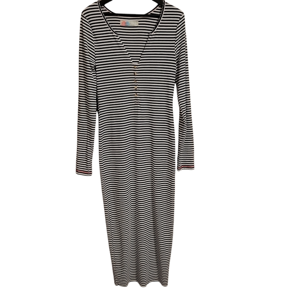 Striped Long Sleeve Midi Dress in Black & White - Picture 2 of 8